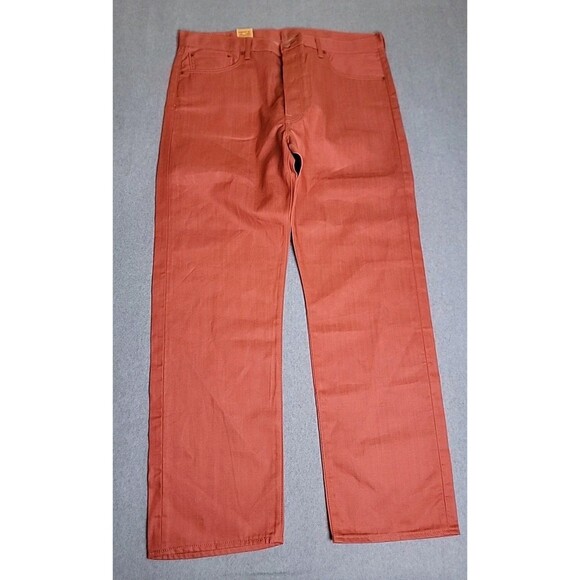 Levis Mens 501 Jeans 40x32 Straight Salmon Orange Button Fly High Rise Shrink - Picture 2 of 16